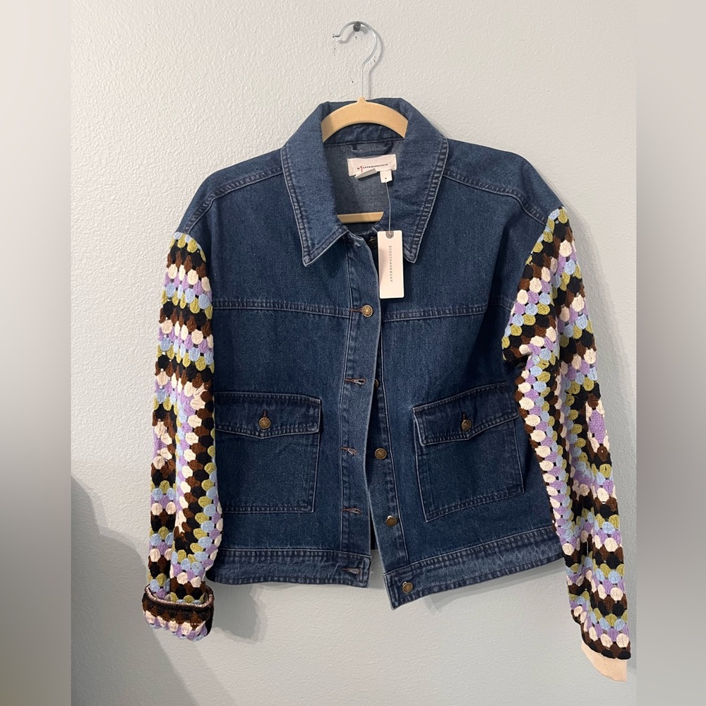 Anthropologie Crochet-Sleeve Denim Jacket in Denim Dark Size S NWT - Picture 3 of 9